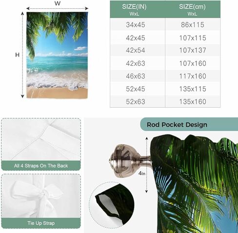 Ocean Beach Tie Up Curtains for Window, Palm Trees Summer Tropical Island Seaside Thermal Insulated Balloon Shade Adjustable Rod Pocket Curtains Valance Panels for Kitchen Bathroom Café 34'' x 45'' in Saudi Arabia
