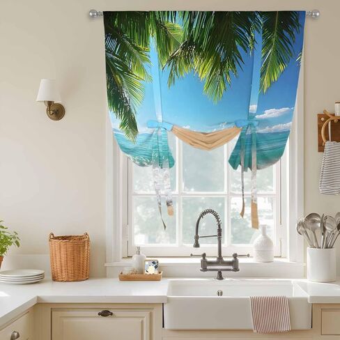 Ocean Beach Tie Up Curtains for Window, Palm Trees Summer Tropical Island Seaside Thermal Insulated Balloon Shade Adjustable Rod Pocket Curtains Valance Panels for Kitchen Bathroom Café 34'' x 45'' in Saudi Arabia