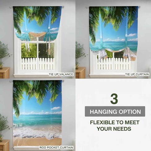 Ocean Beach Tie Up Curtains for Window, Palm Trees Summer Tropical Island Seaside Thermal Insulated Balloon Shade Adjustable Rod Pocket Curtains Valance Panels for Kitchen Bathroom Café 34'' x 45'' in Saudi Arabia