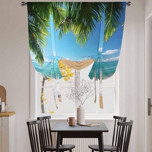 Ocean Beach Tie Up Curtains for Window, Palm Trees Summer Tropical Island Seaside Thermal Insulated Balloon Shade Adjustable Rod Pocket Curtains Valance Panels for Kitchen Bathroom Café 34'' x 45'' in Saudi Arabia