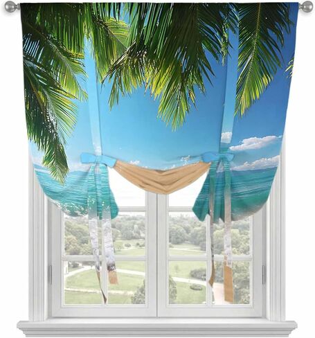 Ocean Beach Tie Up Curtains for Window, Palm Trees Summer Tropical Island Seaside Thermal Insulated Balloon Shade Adjustable Rod Pocket Curtains Valance Panels for Kitchen Bathroom Café 34'' x 45'' in Saudi Arabia