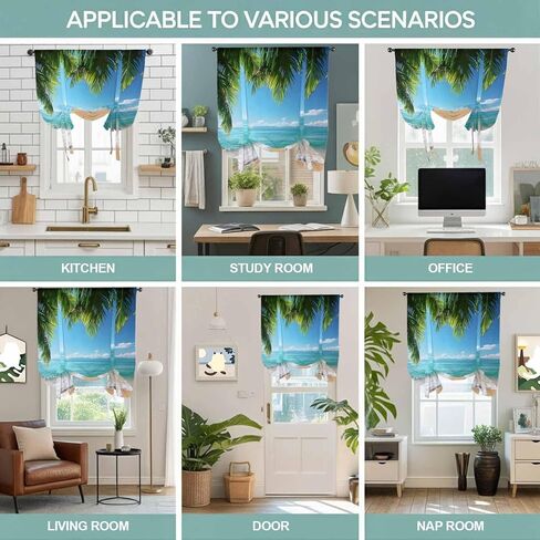 Ocean Beach Tie Up Curtains for Window, Palm Trees Summer Tropical Island Seaside Thermal Insulated Balloon Shade Adjustable Rod Pocket Curtains Valance Panels for Kitchen Bathroom Café 34'' x 45'' in Saudi Arabia
