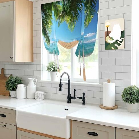 Ocean Beach Tie Up Curtains for Window, Palm Trees Summer Tropical Island Seaside Thermal Insulated Balloon Shade Adjustable Rod Pocket Curtains Valance Panels for Kitchen Bathroom Café 34'' x 45'' in Saudi Arabia