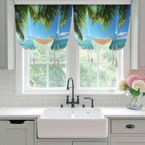 Ocean Beach Tie Up Curtains for Window, Palm Trees Summer Tropical Island Seaside Thermal Insulated Balloon Shade Adjustable Rod Pocket Curtains Valance Panels for Kitchen Bathroom Café 34'' x 45'' in Saudi Arabia