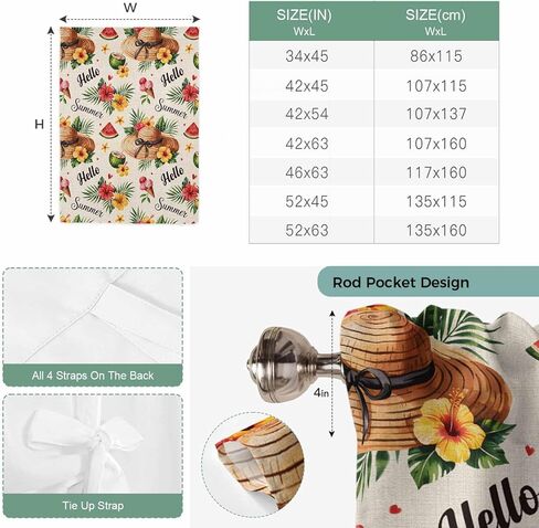 Summer Beach Tie Up Curtains for Window, Straw Hat Coconut Watermelon Tropical Thermal Insulated Balloon Shade Adjustable Rod Pocket Curtains Valance Panels for Kitchen Bathroom Café 52'' x 45'' in Saudi Arabia