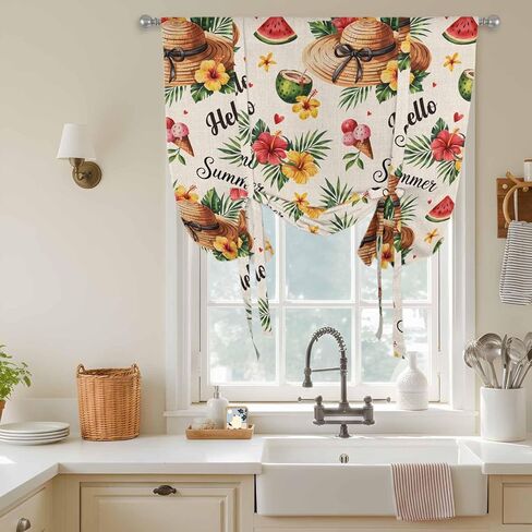 Summer Beach Tie Up Curtains for Window, Straw Hat Coconut Watermelon Tropical Thermal Insulated Balloon Shade Adjustable Rod Pocket Curtains Valance Panels for Kitchen Bathroom Café 52'' x 45'' in Saudi Arabia