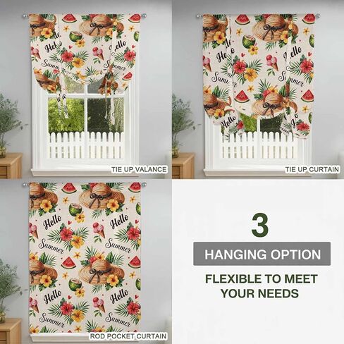 Summer Beach Tie Up Curtains for Window, Straw Hat Coconut Watermelon Tropical Thermal Insulated Balloon Shade Adjustable Rod Pocket Curtains Valance Panels for Kitchen Bathroom Café 52'' x 45'' in Saudi Arabia