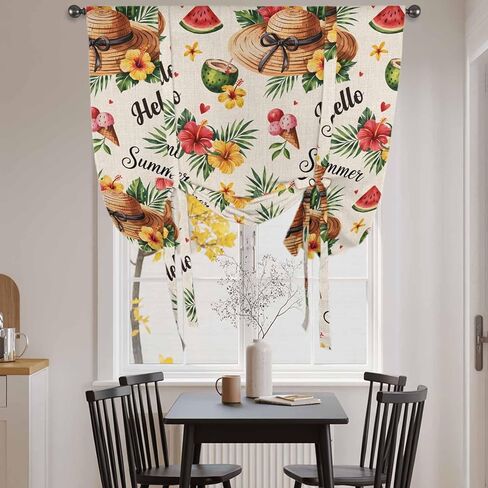 Summer Beach Tie Up Curtains for Window, Straw Hat Coconut Watermelon Tropical Thermal Insulated Balloon Shade Adjustable Rod Pocket Curtains Valance Panels for Kitchen Bathroom Café 52'' x 45'' in Saudi Arabia