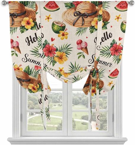 Summer Beach Tie Up Curtains for Window, Straw Hat Coconut Watermelon Tropical Thermal Insulated Balloon Shade Adjustable Rod Pocket Curtains Valance Panels for Kitchen Bathroom Café 52'' x 45'' in Saudi Arabia