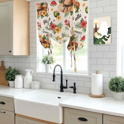 Summer Beach Tie Up Curtains for Window, Straw Hat Coconut Watermelon Tropical Thermal Insulated Balloon Shade Adjustable Rod Pocket Curtains Valance Panels for Kitchen Bathroom Café 52'' x 45'' in Saudi Arabia