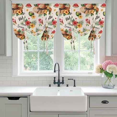 Summer Beach Tie Up Curtains for Window, Straw Hat Coconut Watermelon Tropical Thermal Insulated Balloon Shade Adjustable Rod Pocket Curtains Valance Panels for Kitchen Bathroom Café 52'' x 45'' in Saudi Arabia