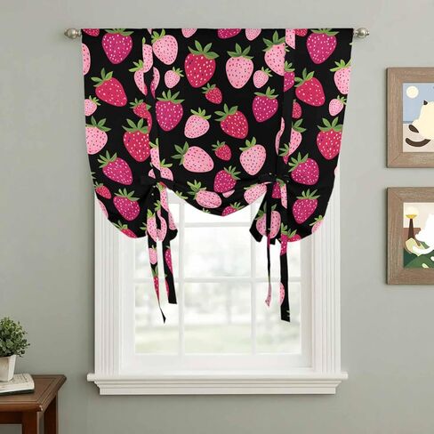 Red Pink Strawberry Tie Up Curtains for Window, Black Lovely Summer Spring Fruit Thermal Insulated Balloon Shade Adjustable Rod Pocket Curtains Valance Panels for Kitchen Bathroom Café 42'' x 63'' in Saudi Arabia