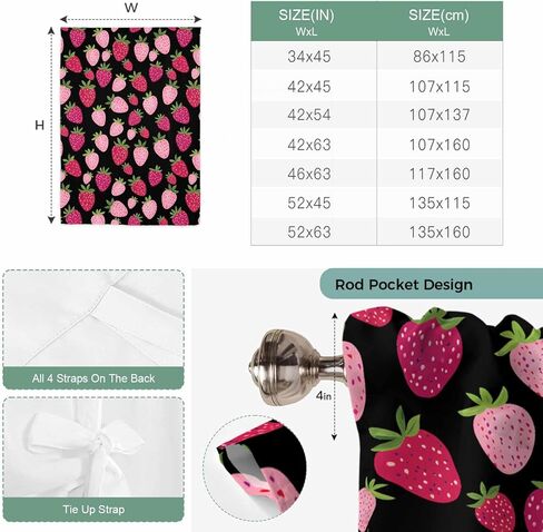 Red Pink Strawberry Tie Up Curtains for Window, Black Lovely Summer Spring Fruit Thermal Insulated Balloon Shade Adjustable Rod Pocket Curtains Valance Panels for Kitchen Bathroom Café 42'' x 63'' in Saudi Arabia
