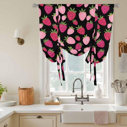 Red Pink Strawberry Tie Up Curtains for Window, Black Lovely Summer Spring Fruit Thermal Insulated Balloon Shade Adjustable Rod Pocket Curtains Valance Panels for Kitchen Bathroom Café 42'' x 63'' in Saudi Arabia