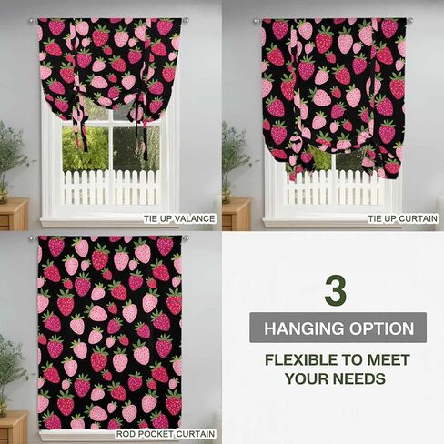 Red Pink Strawberry Tie Up Curtains for Window, Black Lovely Summer Spring Fruit Thermal Insulated Balloon Shade Adjustable Rod Pocket Curtains Valance Panels for Kitchen Bathroom Café 42'' x 63'' in Saudi Arabia