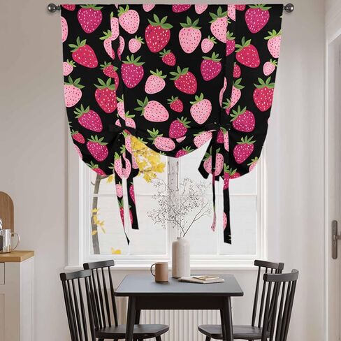 Red Pink Strawberry Tie Up Curtains for Window, Black Lovely Summer Spring Fruit Thermal Insulated Balloon Shade Adjustable Rod Pocket Curtains Valance Panels for Kitchen Bathroom Café 42'' x 63'' in Saudi Arabia