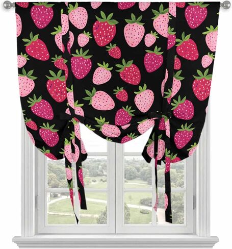 Red Pink Strawberry Tie Up Curtains for Window, Black Lovely Summer Spring Fruit Thermal Insulated Balloon Shade Adjustable Rod Pocket Curtains Valance Panels for Kitchen Bathroom Café 42'' x 63'' in Saudi Arabia