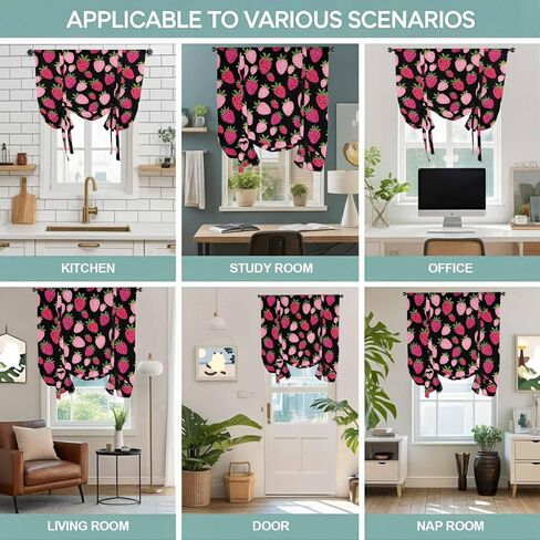 Red Pink Strawberry Tie Up Curtains for Window, Black Lovely Summer Spring Fruit Thermal Insulated Balloon Shade Adjustable Rod Pocket Curtains Valance Panels for Kitchen Bathroom Café 42'' x 63'' in Saudi Arabia