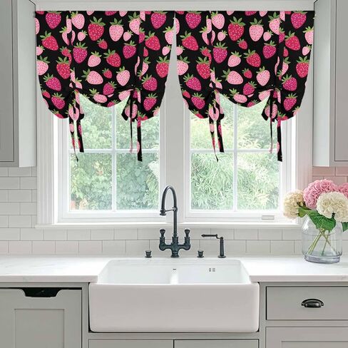 Red Pink Strawberry Tie Up Curtains for Window, Black Lovely Summer Spring Fruit Thermal Insulated Balloon Shade Adjustable Rod Pocket Curtains Valance Panels for Kitchen Bathroom Café 42'' x 63'' in Saudi Arabia
