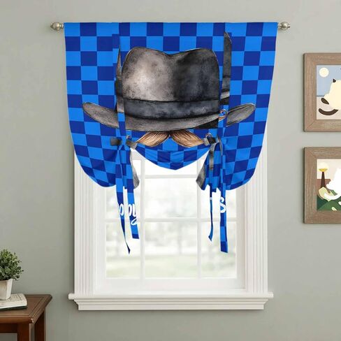 Happy Father's Day Tie Up Curtains for Window, Funny Bow Beard Blue Check Thermal Insulated Balloon Shade Adjustable Rod Pocket Curtains Valance Panels for Kitchen Bathroom Café 42'' x 45'' in Saudi Arabia
