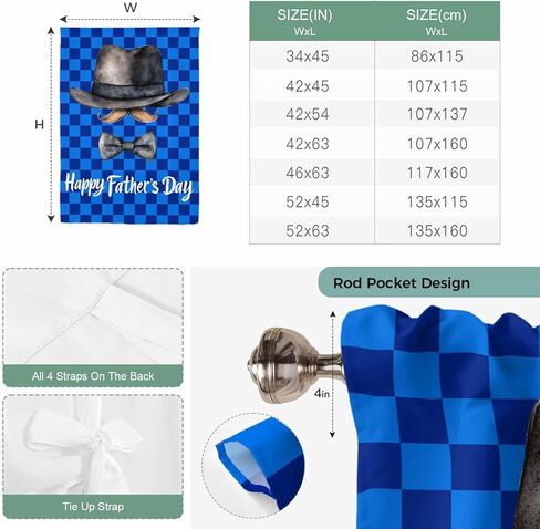 Happy Father's Day Tie Up Curtains for Window, Funny Bow Beard Blue Check Thermal Insulated Balloon Shade Adjustable Rod Pocket Curtains Valance Panels for Kitchen Bathroom Café 42'' x 45'' in Saudi Arabia