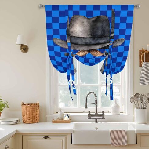 Happy Father's Day Tie Up Curtains for Window, Funny Bow Beard Blue Check Thermal Insulated Balloon Shade Adjustable Rod Pocket Curtains Valance Panels for Kitchen Bathroom Café 42'' x 45'' in Saudi Arabia