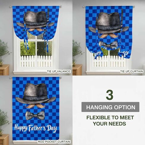 Happy Father's Day Tie Up Curtains for Window, Funny Bow Beard Blue Check Thermal Insulated Balloon Shade Adjustable Rod Pocket Curtains Valance Panels for Kitchen Bathroom Café 42'' x 45'' in Saudi Arabia