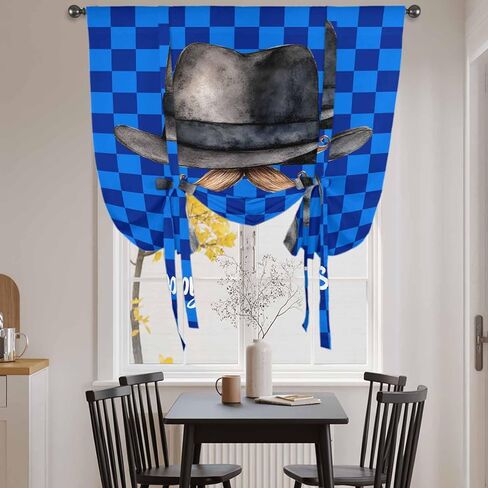 Happy Father's Day Tie Up Curtains for Window, Funny Bow Beard Blue Check Thermal Insulated Balloon Shade Adjustable Rod Pocket Curtains Valance Panels for Kitchen Bathroom Café 42'' x 45'' in Saudi Arabia