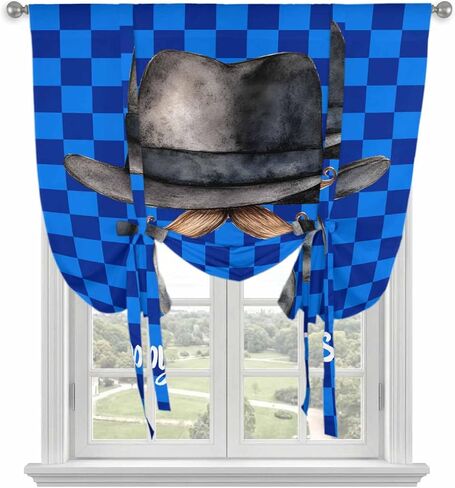 Happy Father's Day Tie Up Curtains for Window, Funny Bow Beard Blue Check Thermal Insulated Balloon Shade Adjustable Rod Pocket Curtains Valance Panels for Kitchen Bathroom Café 42'' x 45'' in Saudi Arabia