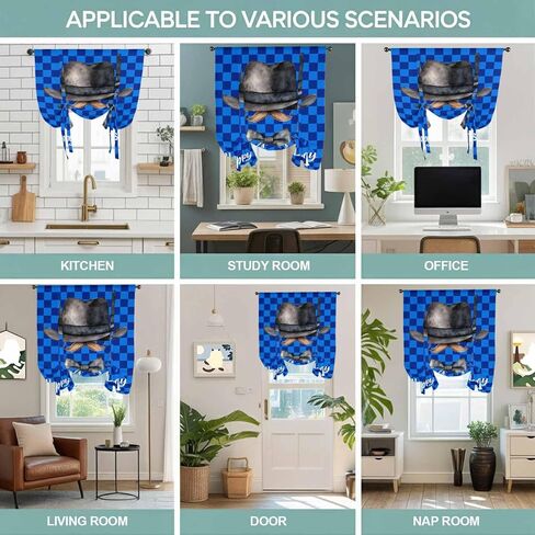Happy Father's Day Tie Up Curtains for Window, Funny Bow Beard Blue Check Thermal Insulated Balloon Shade Adjustable Rod Pocket Curtains Valance Panels for Kitchen Bathroom Café 42'' x 45'' in Saudi Arabia
