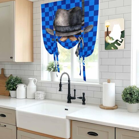 Happy Father's Day Tie Up Curtains for Window, Funny Bow Beard Blue Check Thermal Insulated Balloon Shade Adjustable Rod Pocket Curtains Valance Panels for Kitchen Bathroom Café 42'' x 45'' in Saudi Arabia