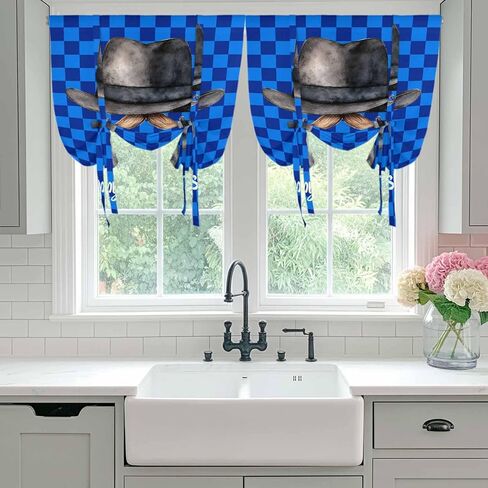 Happy Father's Day Tie Up Curtains for Window, Funny Bow Beard Blue Check Thermal Insulated Balloon Shade Adjustable Rod Pocket Curtains Valance Panels for Kitchen Bathroom Café 42'' x 45'' in Saudi Arabia