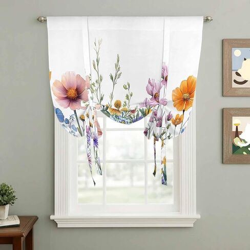 Spring Floral Tie Up Curtains for Window, Yellow Pink Flowers Farmhouse Thermal Insulated Balloon Shade Adjustable Rod Pocket Curtains Valance Panels for Kitchen Bathroom Café 34'' x 45'' in Saudi Arabia