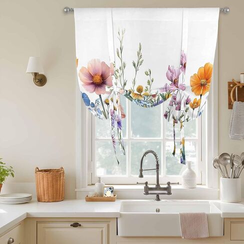 Spring Floral Tie Up Curtains for Window, Yellow Pink Flowers Farmhouse Thermal Insulated Balloon Shade Adjustable Rod Pocket Curtains Valance Panels for Kitchen Bathroom Café 34'' x 45'' in Saudi Arabia