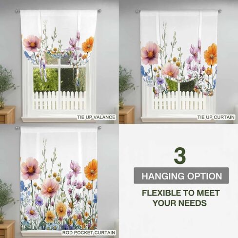 Spring Floral Tie Up Curtains for Window, Yellow Pink Flowers Farmhouse Thermal Insulated Balloon Shade Adjustable Rod Pocket Curtains Valance Panels for Kitchen Bathroom Café 34'' x 45'' in Saudi Arabia