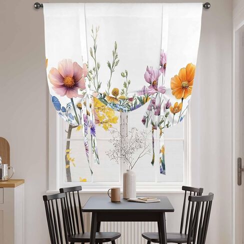 Spring Floral Tie Up Curtains for Window, Yellow Pink Flowers Farmhouse Thermal Insulated Balloon Shade Adjustable Rod Pocket Curtains Valance Panels for Kitchen Bathroom Café 34'' x 45'' in Saudi Arabia