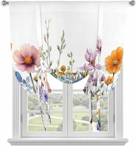 Spring Floral Tie Up Curtains for Window, Yellow Pink Flowers Farmhouse Thermal Insulated Balloon Shade Adjustable Rod Pocket Curtains Valance Panels for Kitchen Bathroom Café 34'' x 45'' in Saudi Arabia