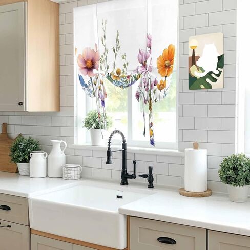 Spring Floral Tie Up Curtains for Window, Yellow Pink Flowers Farmhouse Thermal Insulated Balloon Shade Adjustable Rod Pocket Curtains Valance Panels for Kitchen Bathroom Café 34'' x 45'' in Saudi Arabia