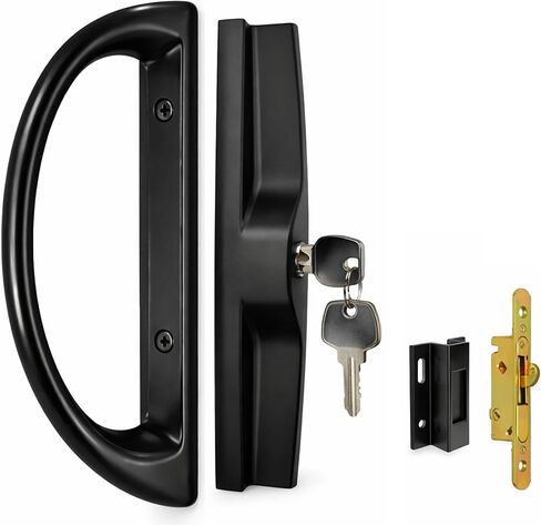 مجموعة مقابض باب زجاجية منزلقة مع قفل نقر - أسطوانة مفاتيح وحافظة، مجموعة مقابض بديلة تناسب سُمك الباب من 1-1/2 بوصة إلى 1-3/4 بوصة، 3-15/16 بوصة، تباعد فتحة المسمار، بمفتاح. (أسود) in Kuwait