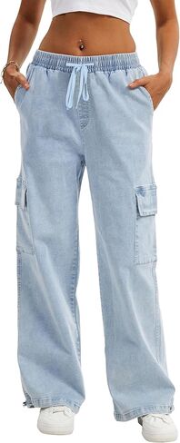 HVEPUO سراويل البضائع النسائية عالية الخصر Y2K فضفاضة واسعة الساق جينز غير رسمي قابل للتمدد للنساء ملابس الشارع الشهير سحب على السراويل in Kuwait