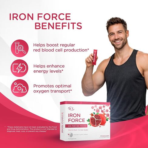 عبوات دكتور تي للقوة الحديدية أثناء التنقل - مسحوق مباشر إلى الفم - يعزز إنتاج خلايا الدم الحمراء، ويعزز مستويات الطاقة، ويعزز نقل الأكسجين الأمثل - 30 عبوة مريحة تقدم مرة واحدة in Kuwait