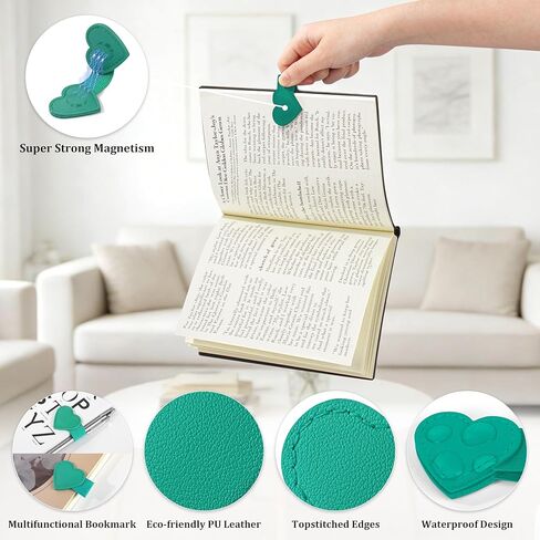 2Pcs Magnetic Leather Heart Bookmarks with Pen Holder, Cute Book Markers Clip with Gift Box, Reading Accessories for Book Lovers Women Teachers Students, Teal in Saudi Arabia