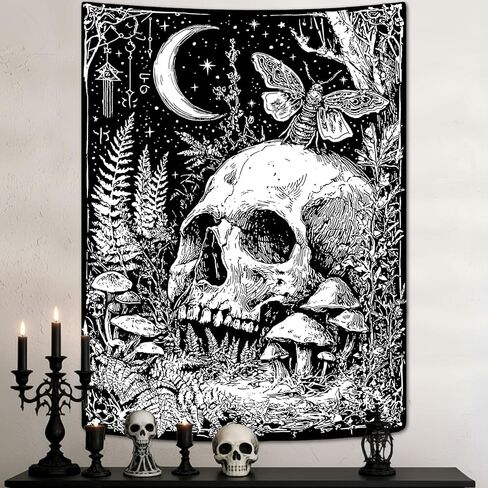 lifeella نسيج الجمجمة القوطية، رعب القمر الهيكل العظمي فراشة جدار الفن لغرفة النوم غرفة الجرونج ديكور عمودي، أبيض وأسود 44x60 بوصة in Kuwait