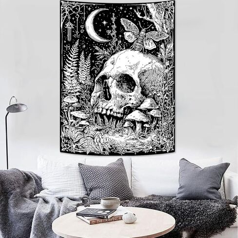 lifeella نسيج الجمجمة القوطية، رعب القمر الهيكل العظمي فراشة جدار الفن لغرفة النوم غرفة الجرونج ديكور عمودي، أبيض وأسود 44x60 بوصة in Kuwait