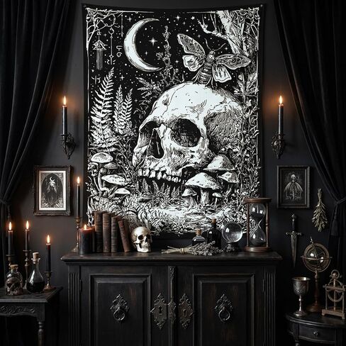 lifeella نسيج الجمجمة القوطية، رعب القمر الهيكل العظمي فراشة جدار الفن لغرفة النوم غرفة الجرونج ديكور عمودي، أبيض وأسود 44x60 بوصة in Kuwait