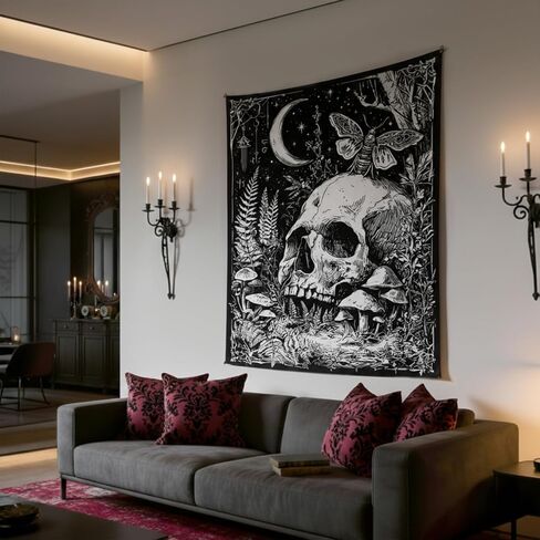 lifeella نسيج الجمجمة القوطية، رعب القمر الهيكل العظمي فراشة جدار الفن لغرفة النوم غرفة الجرونج ديكور عمودي، أبيض وأسود 44x60 بوصة in Kuwait