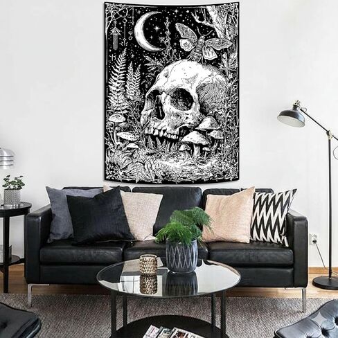 lifeella نسيج الجمجمة القوطية، رعب القمر الهيكل العظمي فراشة جدار الفن لغرفة النوم غرفة الجرونج ديكور عمودي، أبيض وأسود 44x60 بوصة in Kuwait