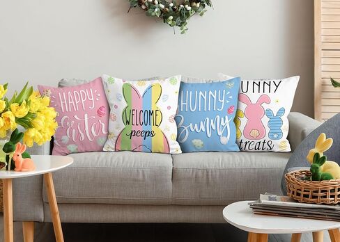 Hexagram Easter Pillow Covers 18x18 Set of 4, Easter Decorations for Sofa, Indoor, Outdoor, Decorative Blue Pink Buffalo Plaid Bunny Pillow Cover Spring Decor for Home in Kuwait