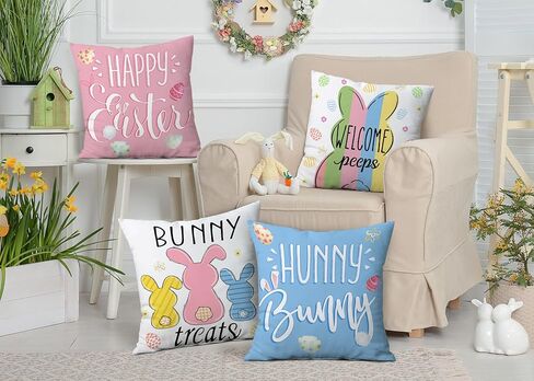 Hexagram Easter Pillow Covers 18x18 Set of 4, Easter Decorations for Sofa, Indoor, Outdoor, Decorative Blue Pink Buffalo Plaid Bunny Pillow Cover Spring Decor for Home in Kuwait