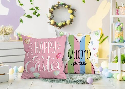 Hexagram Easter Pillow Covers 18x18 Set of 4, Easter Decorations for Sofa, Indoor, Outdoor, Decorative Blue Pink Buffalo Plaid Bunny Pillow Cover Spring Decor for Home in Kuwait